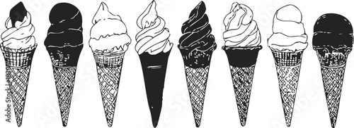 Ice cream cones, hand drawn sketch line art illustration collection. Vector illustration