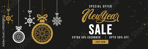 Elegant New Year sale banner with black background, gold and white typography, hanging snowflake ornaments and stars, promoting special offer holiday discount. 