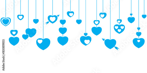 Vector illustration of several blue hearts hanging for valentine's day background