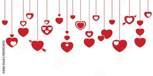 Vector illustration of many red hearts hanging for valentine's day background