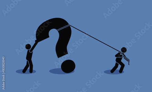 Teamwork lifting a giant question mark symbolizing problem solving, support and collaboration in overcoming challenges and achieving solutions.