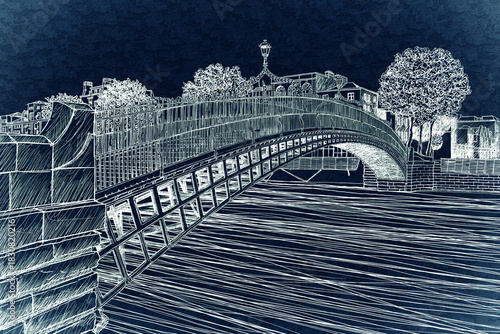 The most famous bridge in Dublin called Half penny bridge due to the toll charged for the passage - toned hand sketch concept