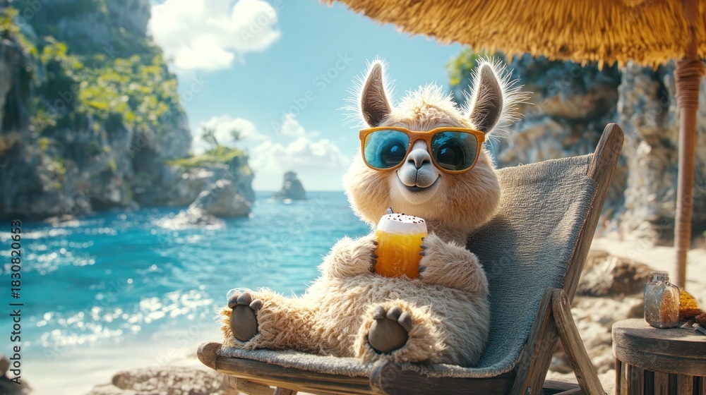 Fototapeta premium Happy llama relaxing on beach lounger, drinking beverage, wearing sunglasses.