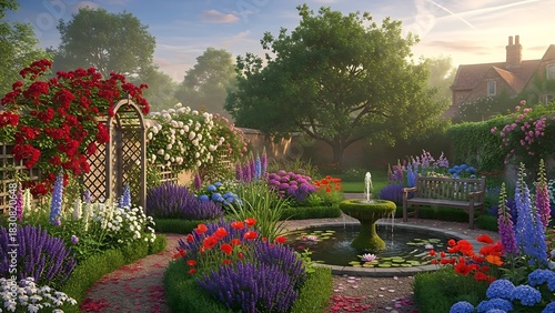 Fototapeta Naklejka Na Ścianę i Meble -  Colorful pink flowers bloom in a summer garden path among plants and green grass, creating a beautiful nature landscape