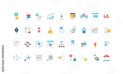 Fintech, digitalization of banking service and payment, savings, data update and trends color icon set. Cryptocurrency and blockchain structure, electronic store, receipt flat vector illustration