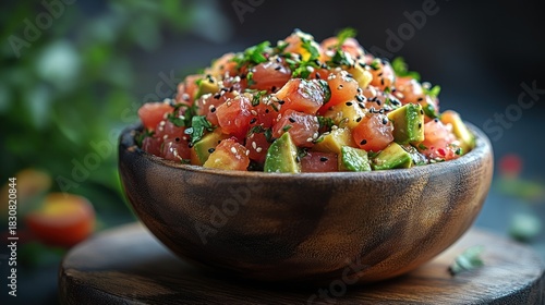 Fresh tuna and avocado salad in wooden bowl.