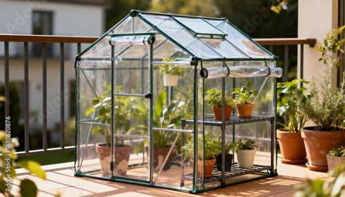 Medium shot of a mini plugandplay greenhouse kit setup highlighting compact design perfect for small patios and balconies