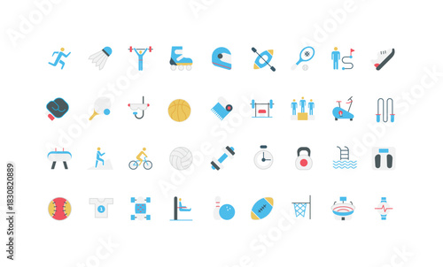 Sports exercise, fitness in gym and outdoor hiking, competition and workout clothes color icon set. Volleyball and basketball game, baseball and boxing, training with trainer flat vector illustration