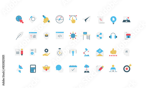 Freelance, remote employment, hybrid and office work workspace, online job, outsourcing and AI color icon set. Cloud to share authors idea and article, message and document flat vector illustration
