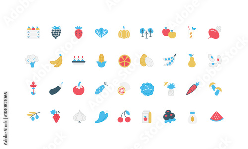 Organic vegetables and fruits, garden cultivation and farmers market color icon set. Juice and harvest of fresh apples and pears from orchard, potato and tomato, strawberry flat vector illustration
