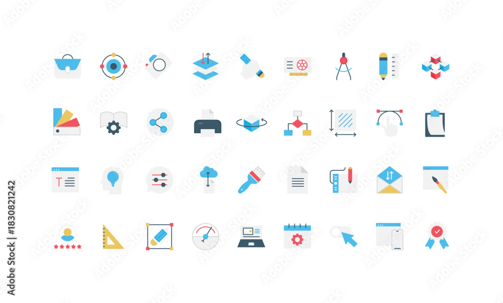 Fototapeta premium Graphic and web design, tools and options, designer and author equipment, software settings color icon set. Work with layers and draft, UI UX ideas and portfolio, calendar flat vector illustration