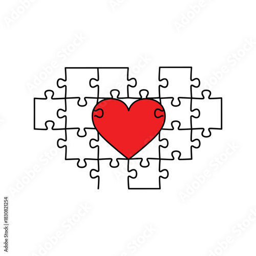 puzzle with a missing piece. Love, heart jigsaw puzzle pieces line pattern. Puzzle pieces icon or pictogram. Cartoon vector. For 14 february, valentine, valentines day