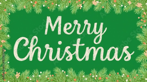 Christmas, wallpaper, poster, banner-ready festive text: white "Merry Christmas" script lettering framed by pine branches, berries and flowers on green background, ideal for holiday decor