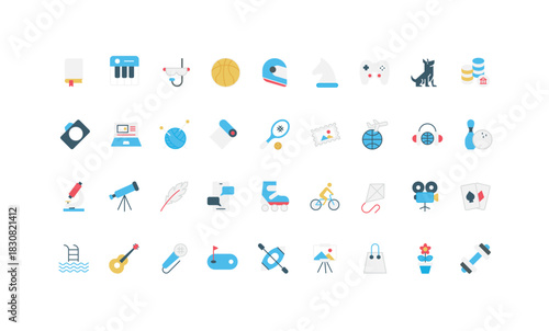 Hobby, outdoor and indoor activity, exercises and active games, recreation color icon set. Weekend fun leisure at home, guitar and song, book and painting, craft hobby flat vector illustration