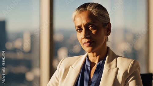Experienced businesswoman looking thoughtfully out office window with city view for leadership vision concept and successful corporate portrait