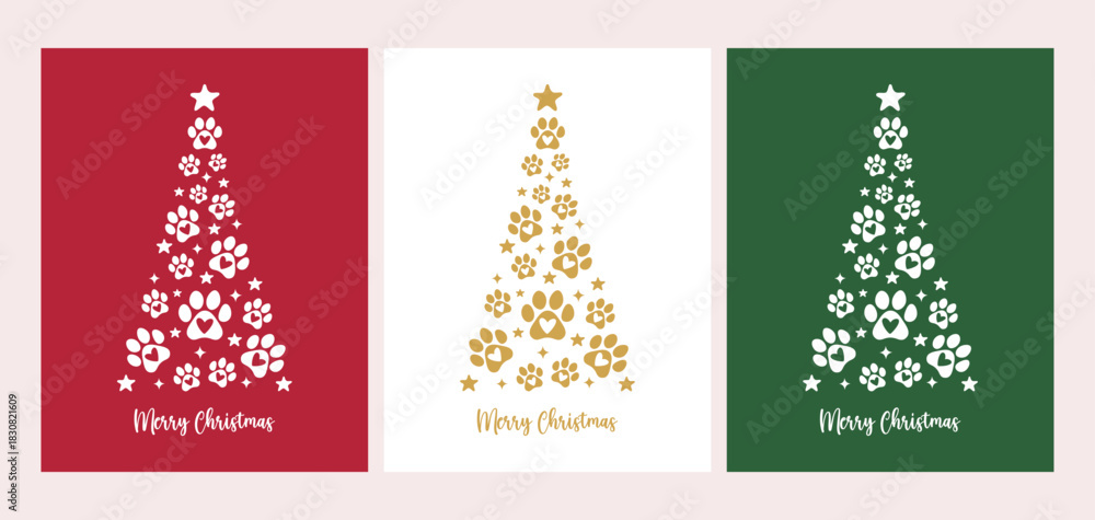 Naklejka premium Merry Christmas Vector Card with Animal Footprint Christmas Tree