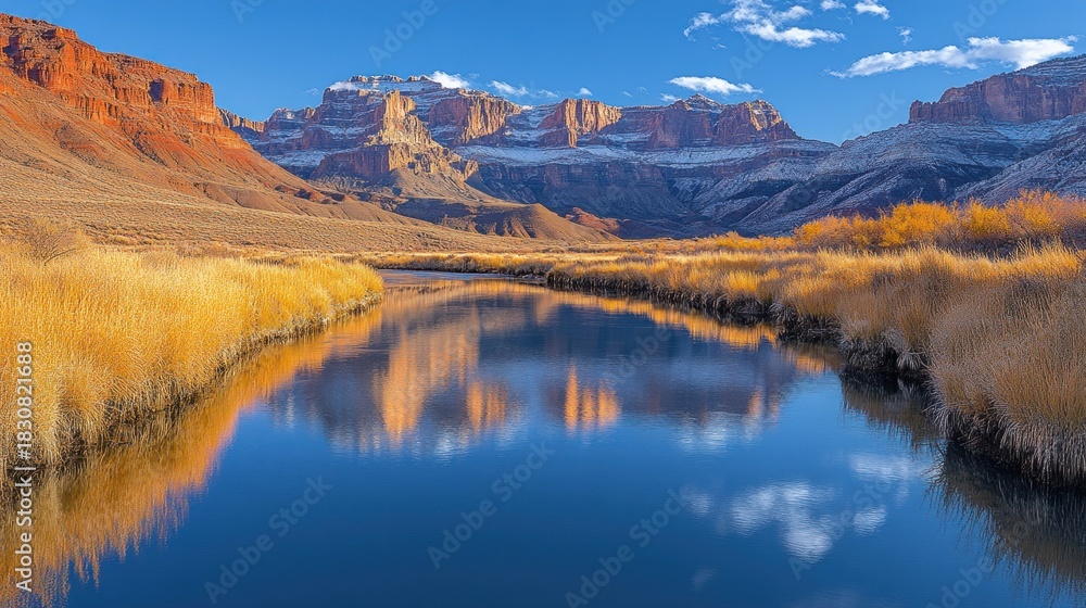 Fototapeta premium Calm river reflecting autumnal colors and snow-capped mountains under a clear blue sky.