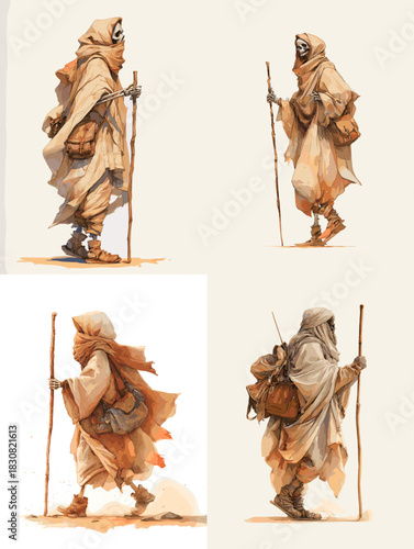 Desert nomad traveler in flowing robes walking with staff and bag, warm toned character illustration set on white background, perfect for fantasy story or adventure concept.