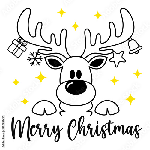 Merry Christmas and Happy New Year, reindeer antlers, golden stars, snowflakes