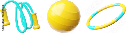 A set of 3D icons with a fit ball, jump rope, and hula hoop, yellow and blue, fitness equipment.