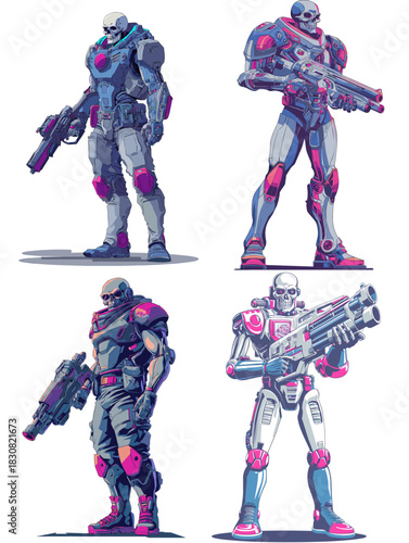 Futuristic armored skeleton soldiers with heavy guns, sci fi cyborg warrior character set in power poses, detailed concept illustration on white background for game or comic.