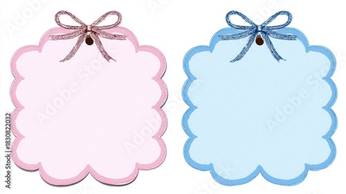 Christmas, wallpaper, poster, banner-ready decorative tags: two scalloped-edge labels (pink and blue) with bows, bells, blank space for text, ideal for holiday greeting cards, gift labels