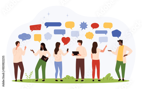 Group of diverse people standing and talking with various colorful speech bubbles above them representing conversation, communication, teamwork, and sharing opinions isolated vector illustration