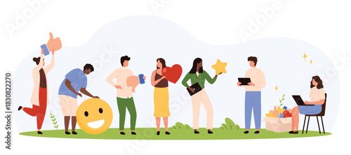 Group of diverse tiny people interacting with feedback icons like thumbs up, smiley, heart, star, and working with laptops, symbolizing consumer service isolated vector illustration