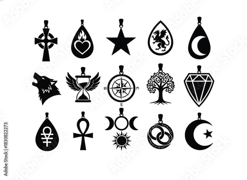 Collection of black mystical and occult pendant icons