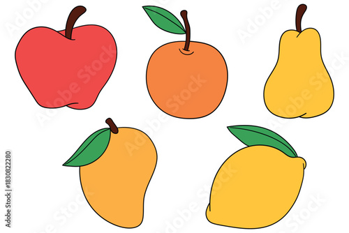 Hand-drawn cartoon set of fruits on a white background. Apple, orange, pear, mango, lemon.