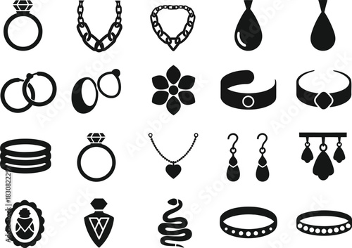 Collection of black and white jewelry icons and symbols
