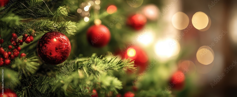 Fototapeta premium The Christmas tree adorned with red baubles and warm glowing bokeh lights