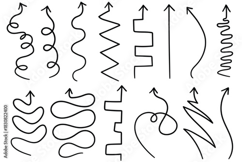 Hand-drawn doodle set of curved arrows pointing up on a white background.