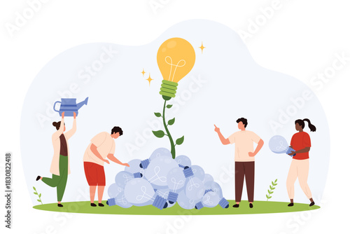 People collaborating to nurture innovation, growing a large lightbulb plant from many small bulbs, symbolizing teamwork, creativity, and development in a flat isolated vector illustration