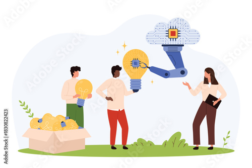 People collaborating with robotic arm and cloud computing, exchanging ideas symbolized by light bulbs, representing digitalization, automation, and technology progress isolated vector illustration