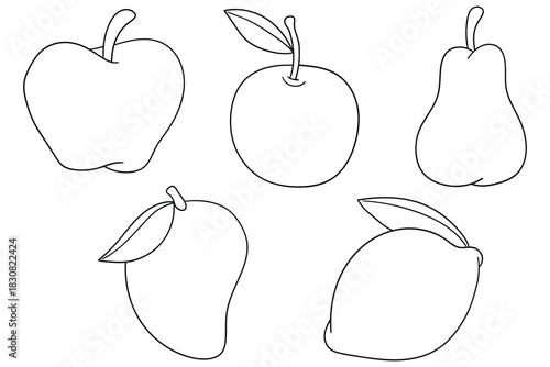 Hand-drawn doodle set of fruits on a white background. Apple, orange, pear, mango, lemon.