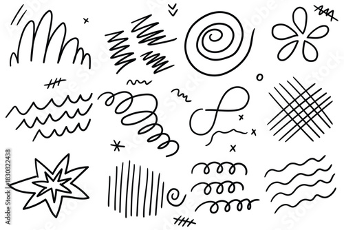 Hand-drawn doodle set of scribbles on a white background.