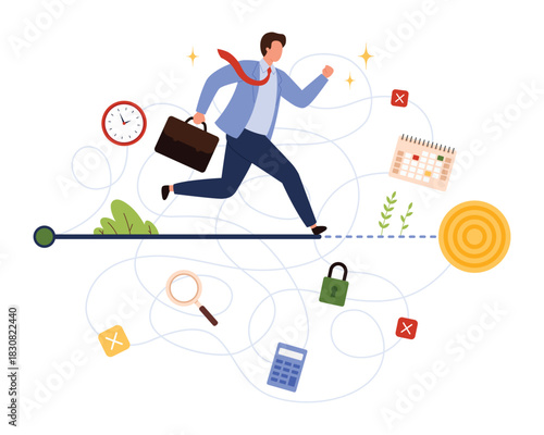 Businessman in suit jumps over obstacles toward target symbolizing efficiency, time management, and problem solving in business journey isolated vector illustration