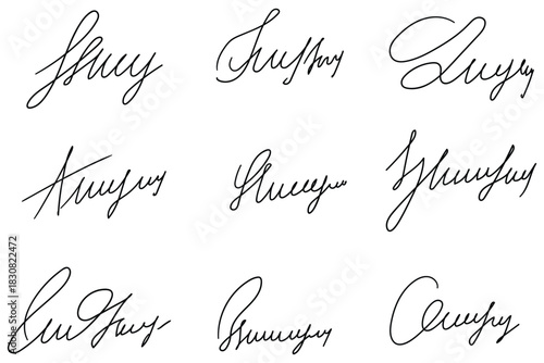 Hand-drawn doodle set of signatures on a white background.