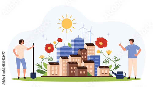 People caring for green city with flowers, modern buildings, wind turbines, sun, and eco-friendly elements, promoting urban sustainability and environmental awareness isolated vector illustration