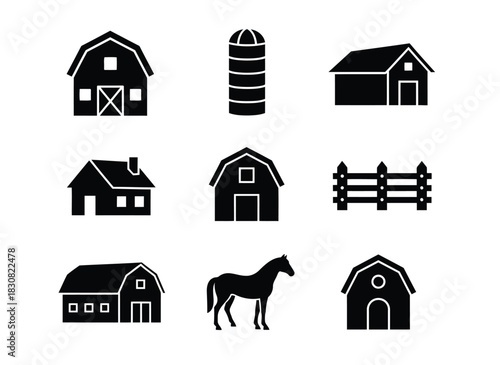 Collection of farm building and animal silhouette icon
