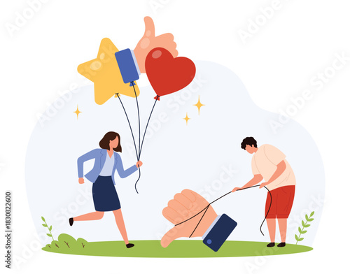 Cartoon people interacting with feedback icons like star, heart, thumbs up and down, symbolizing rating, opinion, and review in a flat isolated vector illustration