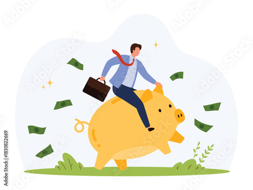 Confident businessman in suit rides giant piggy bank surrounded by flying cash, symbolizing financial growth, savings, and income success in flat style isolated vector illustration