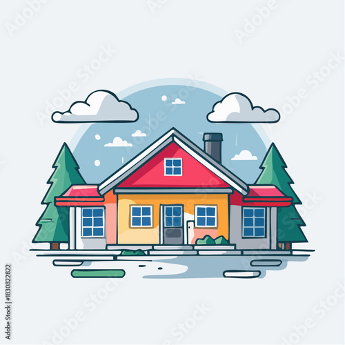 Charming Cartoon House With Red Roof and Yellow Walls Surrounded by Pine Trees and Clouds on a Bright Day