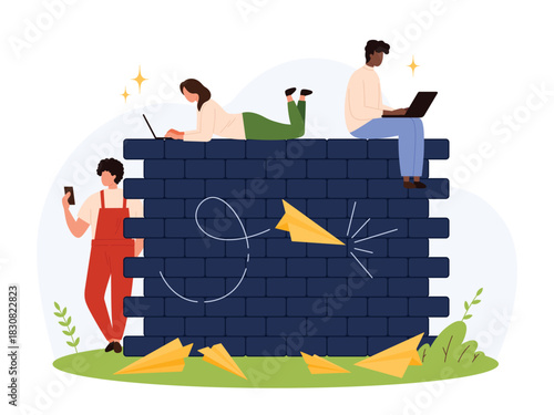 Three people with laptops and phone behind a brick firewall blocking yellow paper planes symbolizing antispam and cybersecurity protection isolated vector illustration