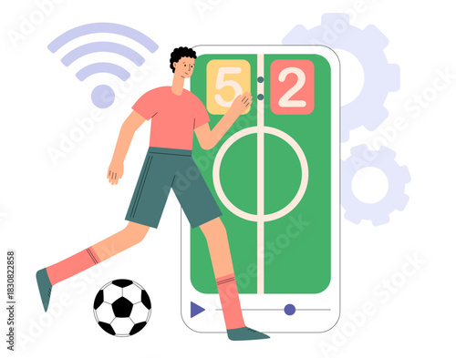 Football. Sports games concept. Bookmaker market, sports betting mobile app. Digital sports, e-sport league, online football tournament. Flat vector illustration