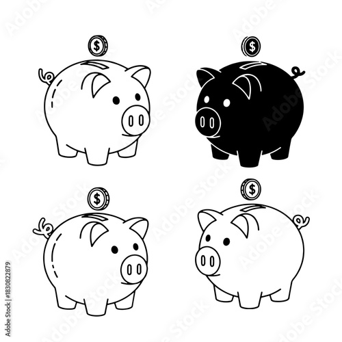 A cute pink piggy bank vector icon set for money savings, finance, and investment illustration
