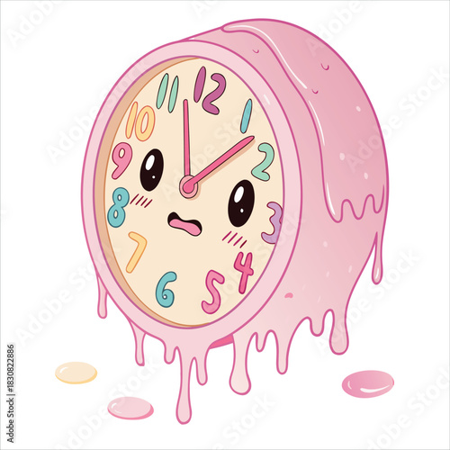 Melting kawaii alarm clock with cute face dripping pink icing Vector