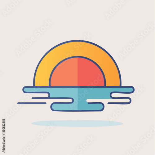 Stylized Sun Setting Over Water Abstract Flat Design With Orange Yellow Sun and Blue Water Against A Light Beige Background
