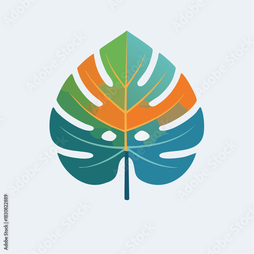 Colorful Abstract Monstera Leaf Design with Gradient Hues of Green Orange and Blue Against a White Background